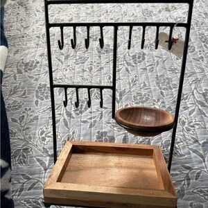 Black Metal Jewelry Stand with Wood Tray and Bowl